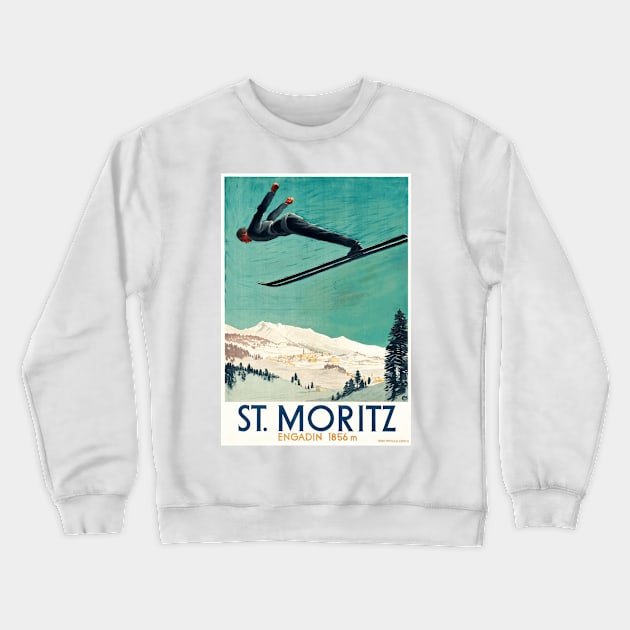 Ski Jumping at St. Moritz, Switzerland - Vintage Travel Poster Design Crewneck Sweatshirt by Naves